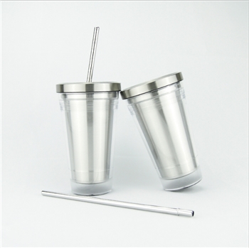 内钢外塑双层咖啡杯塑料吸管杯不锈钢